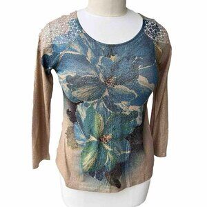 French‎ Bazaar | Gold and Teal Metallic Floral Knit Top